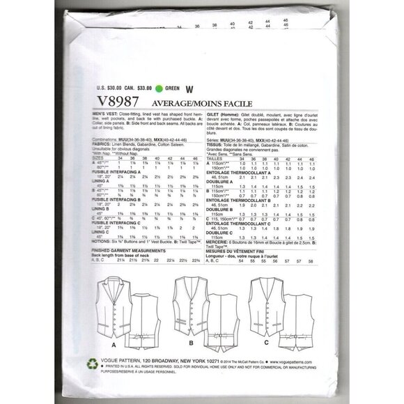 Vogue V8987 Mens 40 to 46 Button Front Vest Uncut Sewing Pattern - Picture 2 of 7